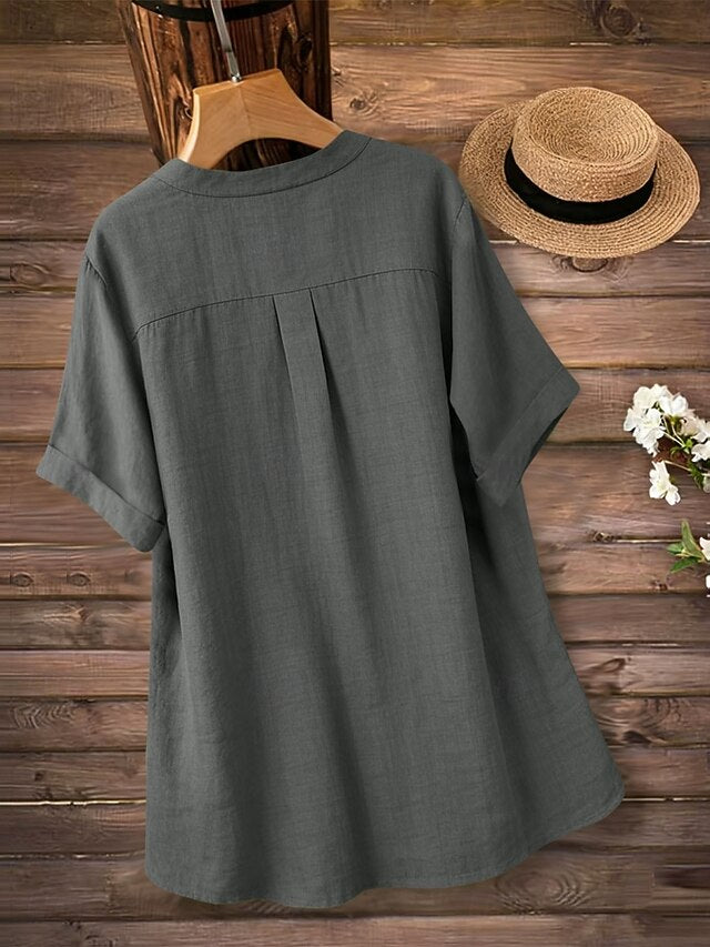 Women's Blouse Faux Linen Shirt Buttons Solid Color Daily