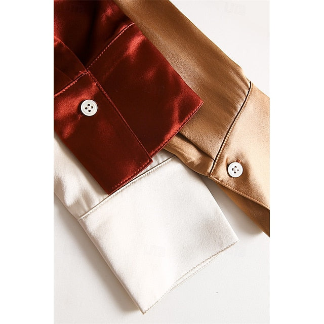 Women's Shirt Elegant Satin Top Silk Shirt Buttons Plain