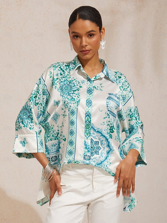 Celadon Bloom Story Silky Satin Dolman Sleeve Shirt