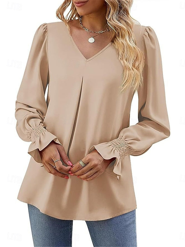 Women's Shirt Blouse Solid Color Basic Casual Long Sleeve V