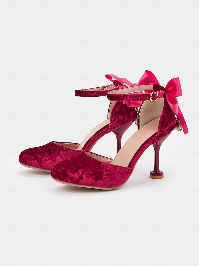 Jane Women's Mary Big Heels and Burgundy Bow with Velvet