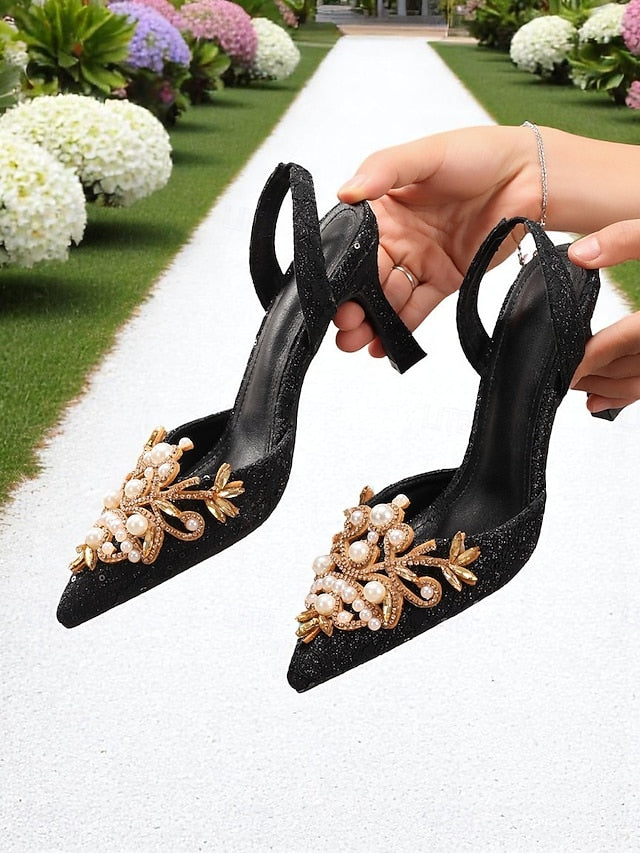 Heels Satin Slingback Detailing Women's Pearl with - Black