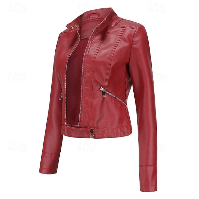 Jacket Pocket Leather Women's Zipper Faux Comfortable