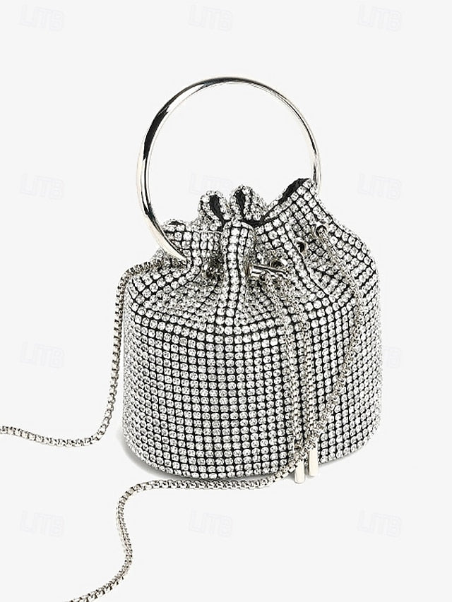 Sparkling Rhinestone Bag with Silver Bucket Women's Metal