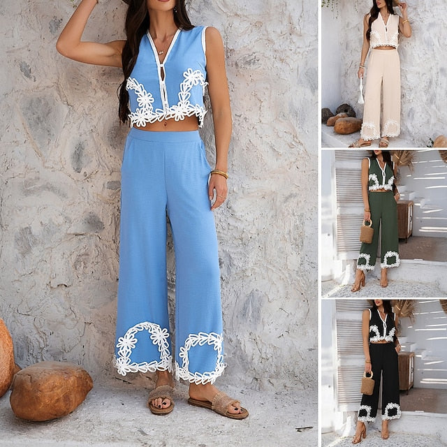 Women's Shirt Pants Sets Sleeveless V Neck Solid Color Lace