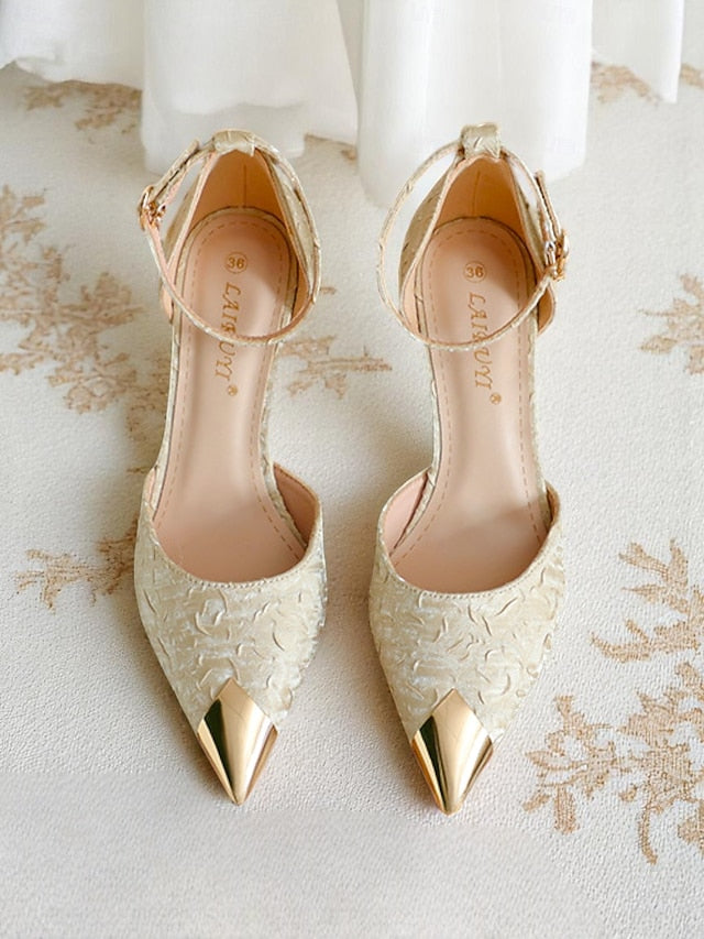 with Beige Women's Pointed Toe Gold Heels Satin and Accents