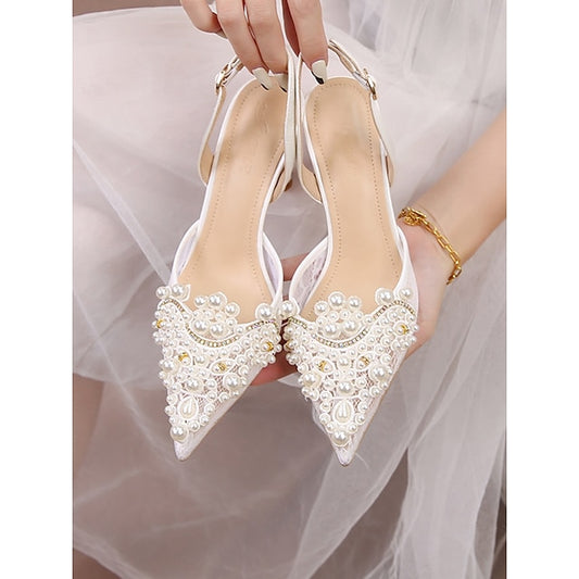 Heel Slingback Kitten White Pearl-Embellished with Pointed-Toe
