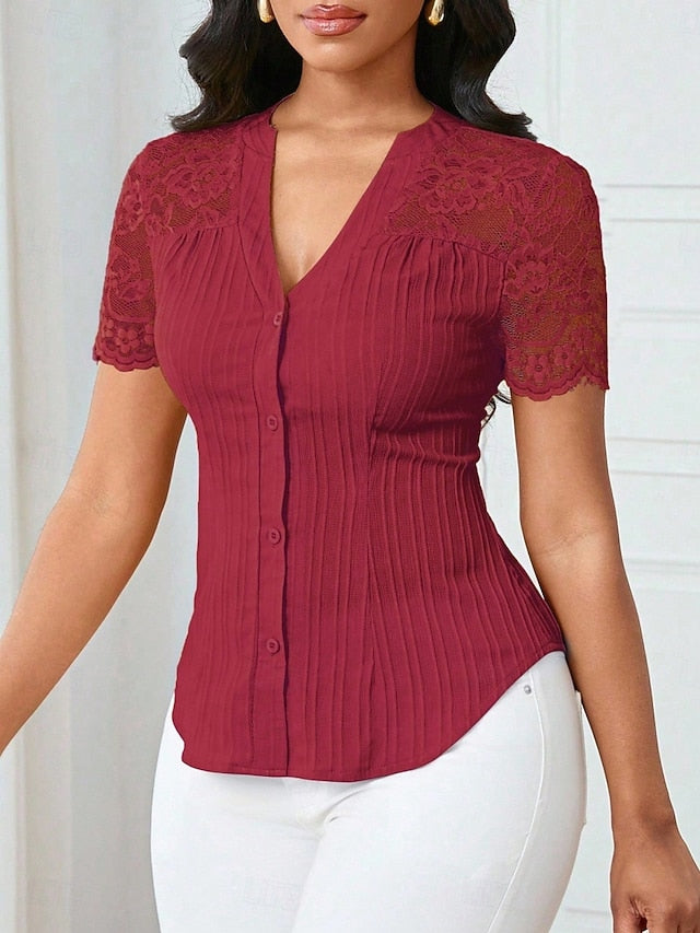 Women's T Shirt Tee Top Lace Patchwork Plain Elegant