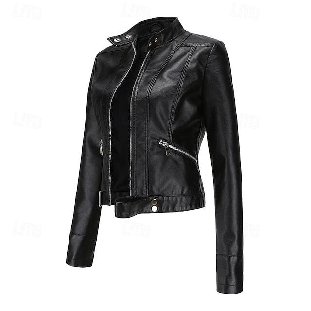 Jacket Pocket Leather Women's Zipper Faux Comfortable