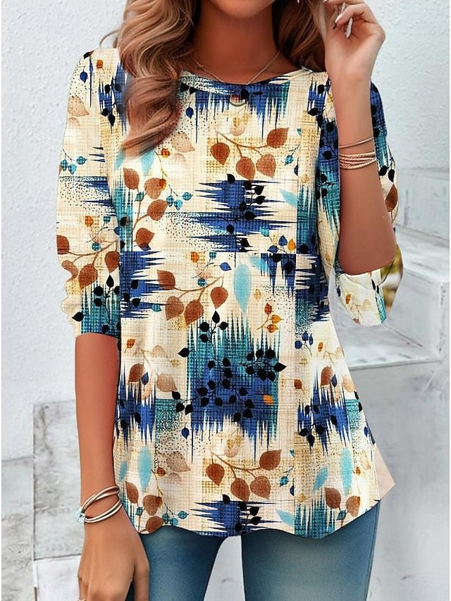 Women's T shirt Crew Neck Long Sleeve Tunic Casual Print