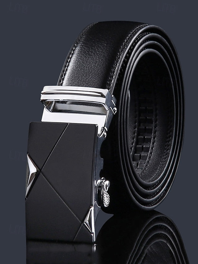 Adjustable Leather Belt Black Metal Men's with Elegant