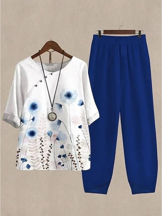 Women's Shirt Basic Pants Sets Half Sleeve Round Neck