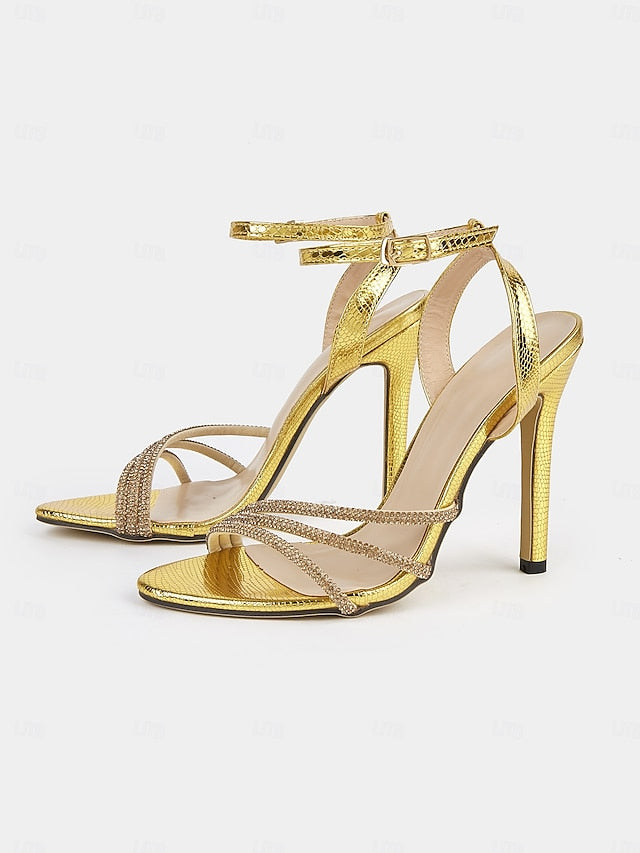 Rhinestone-Embellished Women Sandals for Stiletto Open-Toe Gold