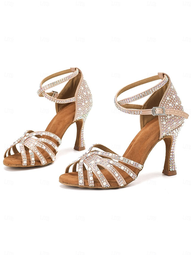 Sandals High Heel Tan Rhinestone-Embellished with Dance Latin