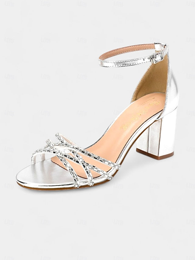 Heel Silver Block Metallic Sandals Strappy with Rhinestone