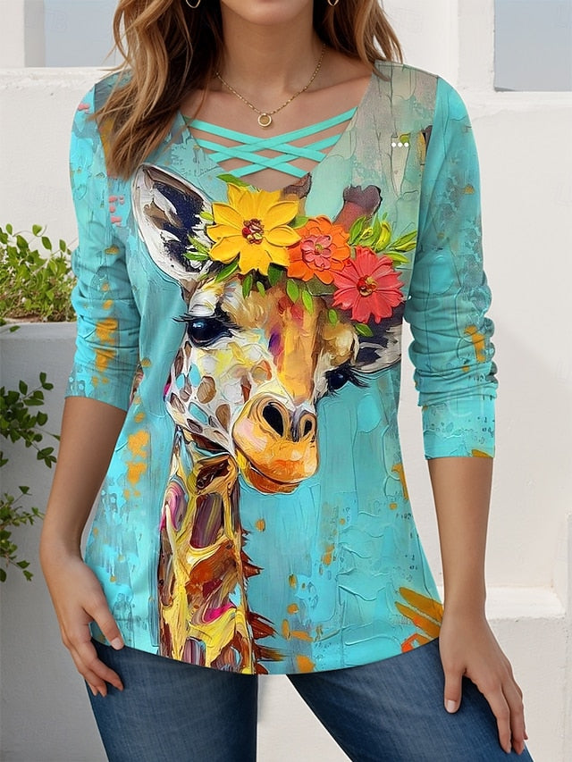 Women's T shirt Long Sleeve Graphic Animal Giraffe Vintage