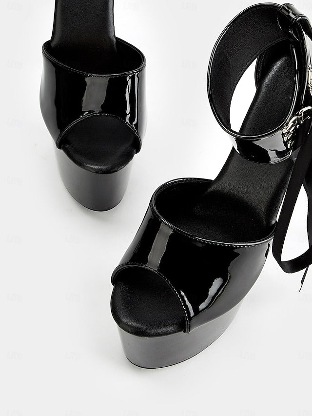Black Patent with Leather Lace-Up Sandals Ankle Straps Platform