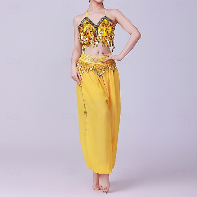 Latin Dance Top Gold Coin Pure Color Splicing Women's