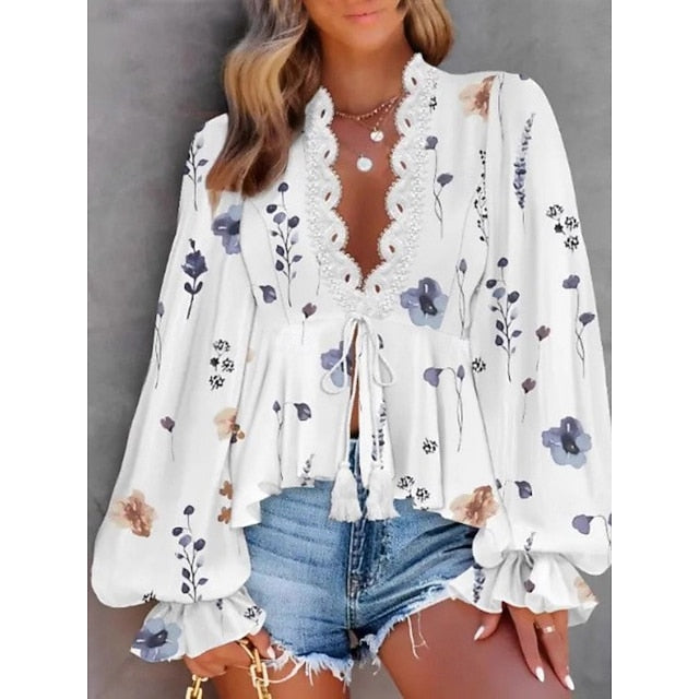 Women's Blouse Lace up Lace Floral Stylish Casual Long