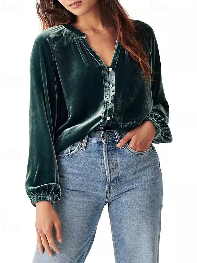 Women's Shirt Velvet Elegant Dressy Ruched Buttons Solid