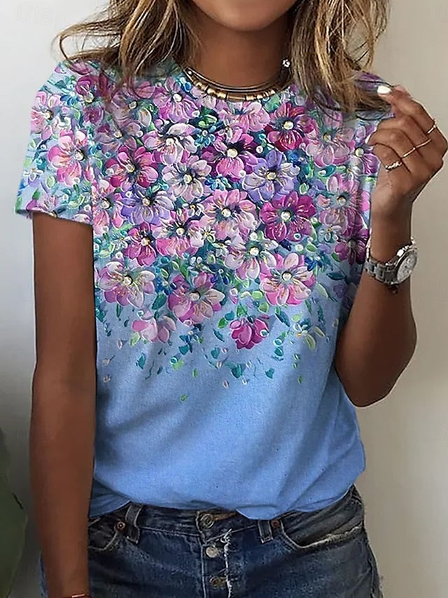Women's T Shirt Print Floral Casual Short Sleeve Round Neck
