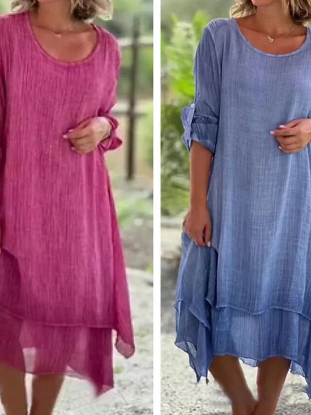 Women's Blue Rose Red Summer Spring Midi Dress Cotton Linen