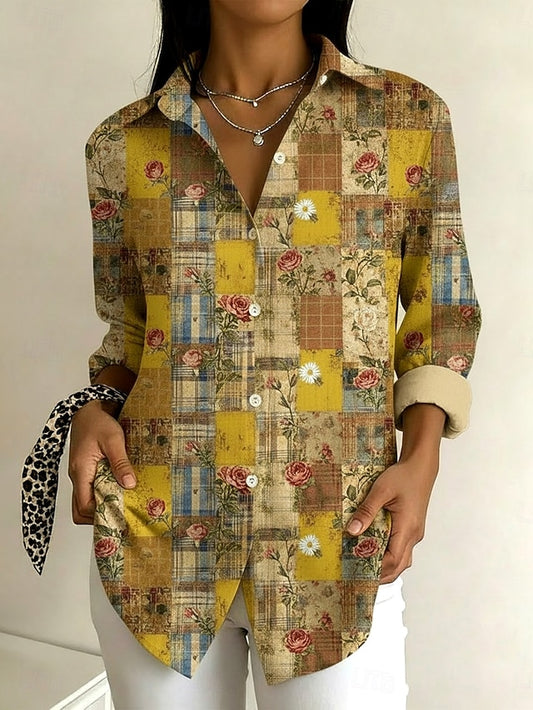 Women's Shirt Patchwork Buttons Print Floral Plaid Elegant