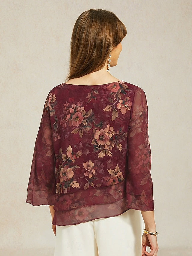 Women's Chiffon Tops Lace up Floral Elegant 3/4 Length