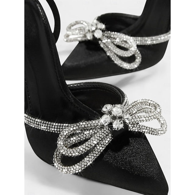 Satin Black Women's Stiletto with Heels Rhinestone Bow and