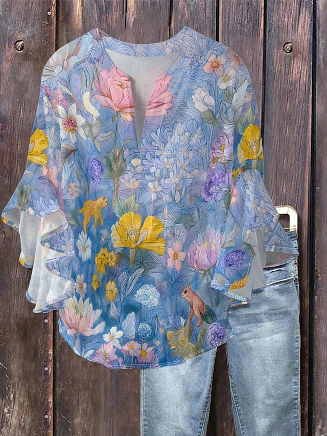 Women's Blouse Ruffle Print Floral Stylish Modern 3/4