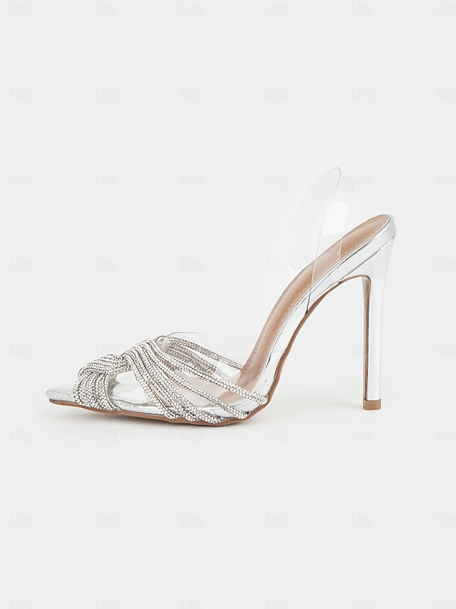 Sandals Stiletto Rhinestone – Silver Straps with Transparent