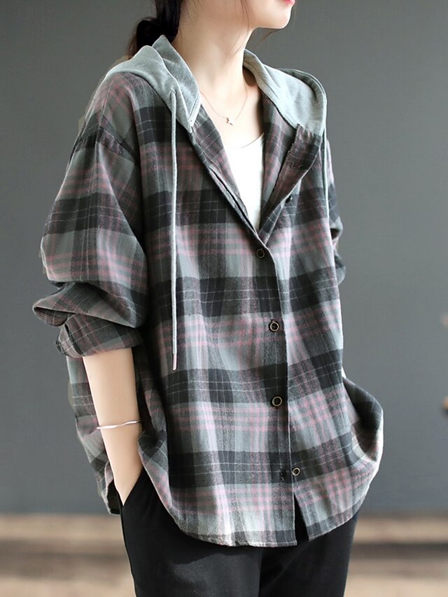Women's Blouse Buttons Print Plaid Stylish Casual Long