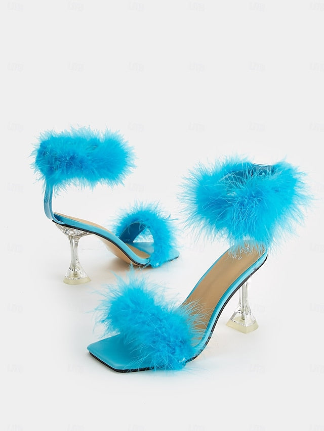 Clear with High Turquoise Feather-Embellished Heel Sandals