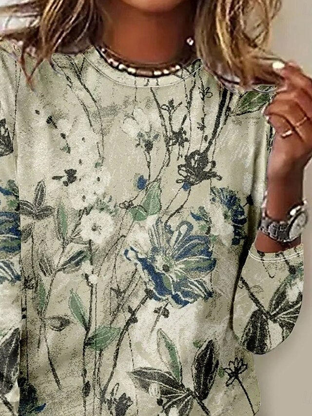 Women's T shirt Crew Neck Long Sleeve Tunic Floral Plants
