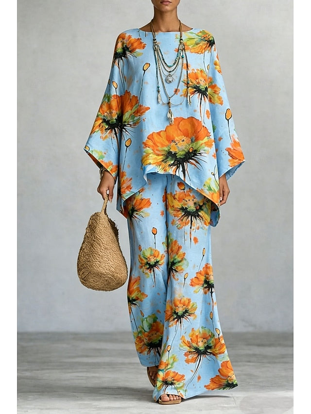 Women's Pants Sets Long Sleeve Round Neck Floral Graphic