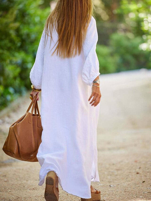 Women's Maxi Dress Faux Cotton Linen White Dress Casual