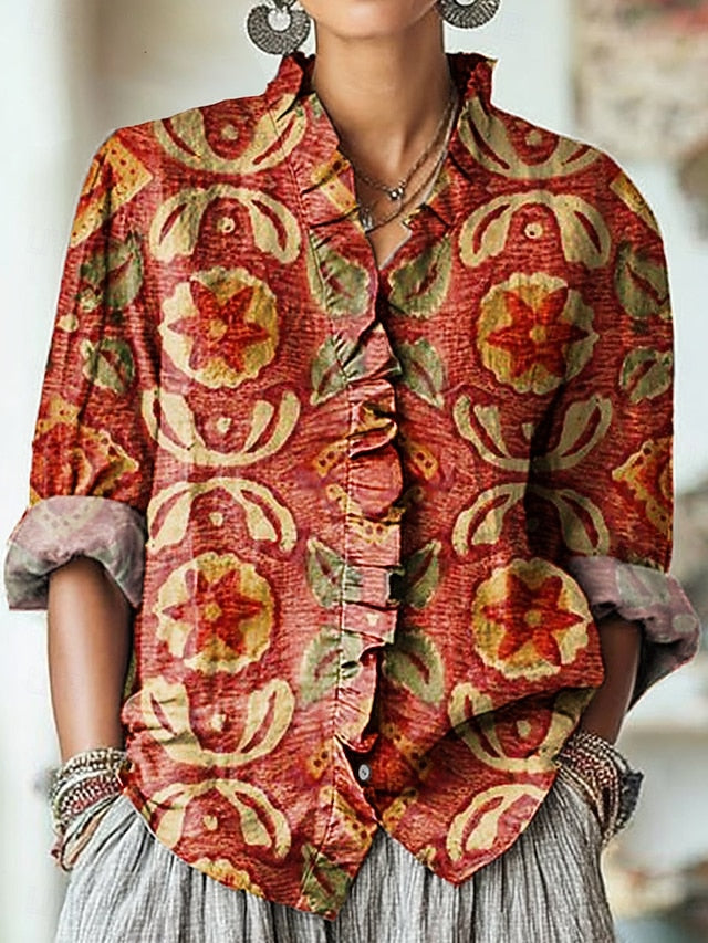Women's Boho Shirt Ruched Ruffle Floral Graphic Elegant