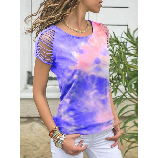 Women's T Shirt Tee Top Print Hole Tie Dye Fashion Stylish