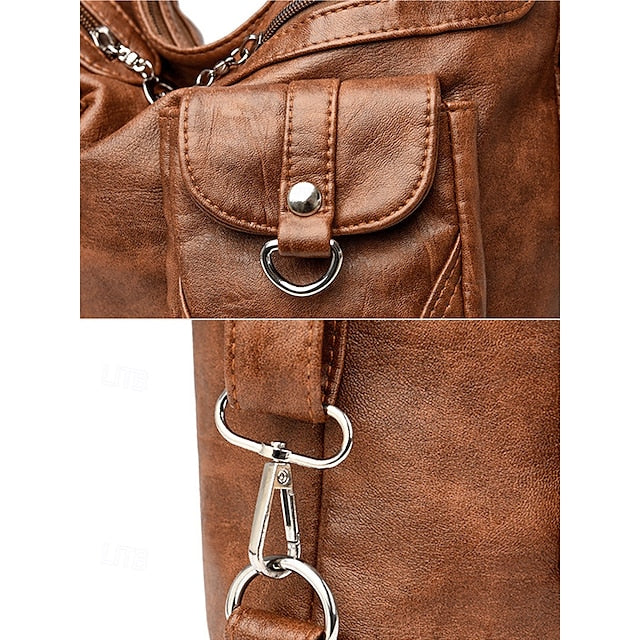 Brown Leather Women's Bag Multiple Faux Pockets with Hobo