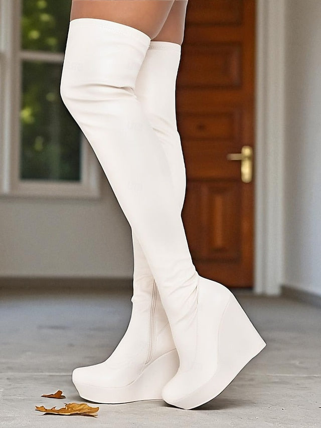 Women's Knee the - Black Heel Faux Wedge Over Boots Leather