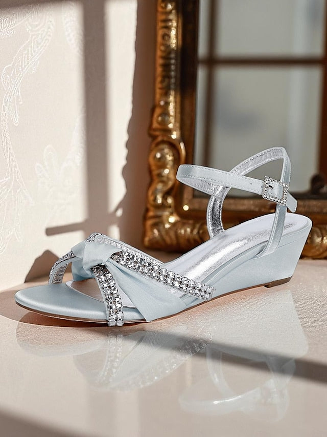 Satin Wedge Sandals Green Women's - Knot Rhinestone