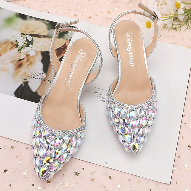 Women's Crystal Pointed-Toe Heels High Slingback Rhinestone