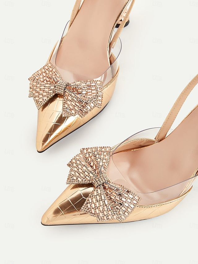 Detail Gold Heels Quilted with - Women's Slingback Bow
