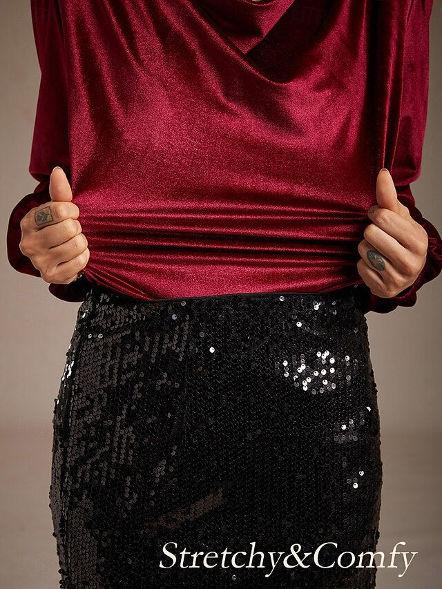 Women's Shirt Velvet Blouse Dressy Tops Elegant Cowl Neck