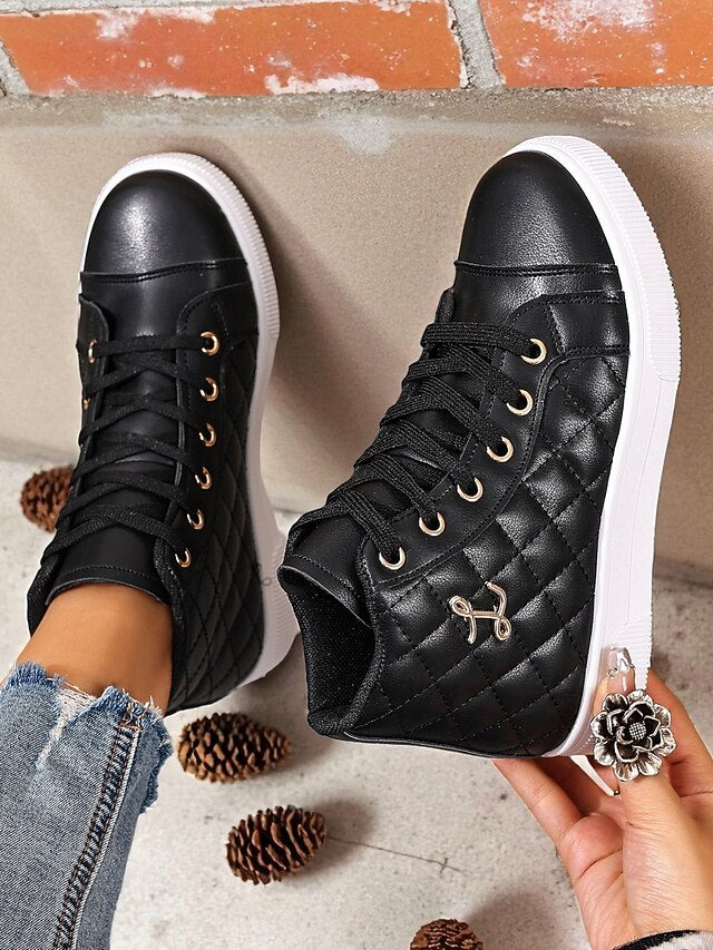 Women's White Quilted High-Top Sneakers, Fashion Lace-Up