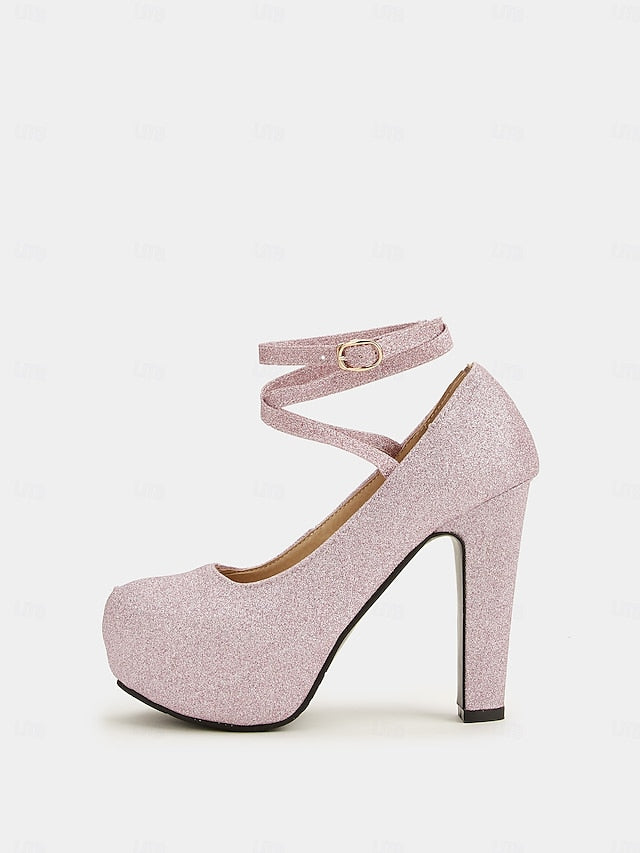 Women's Platform Strap Pink Glitter – with Ankle Heels