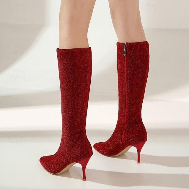 – Women's Elegant Stiletto Sparkly Knee-High Boots