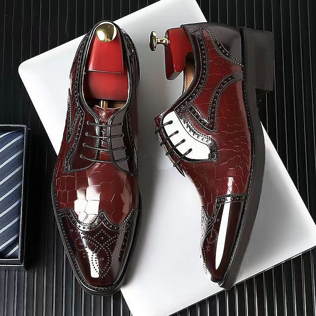 Shoes Men's Brogue Leather with Patent Burgundy Oxford
