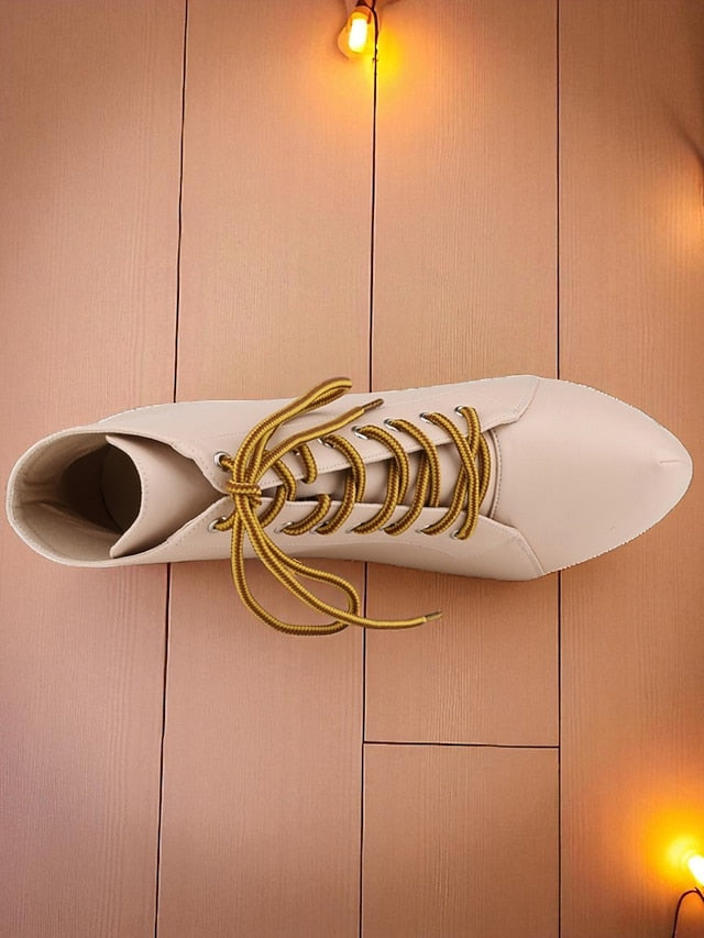 - Ankle Lace-Up Boots Leather Women's Beige Faux Platform