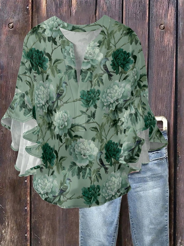 Women's Blouse Ruffle Print Floral Stylish Modern 3/4